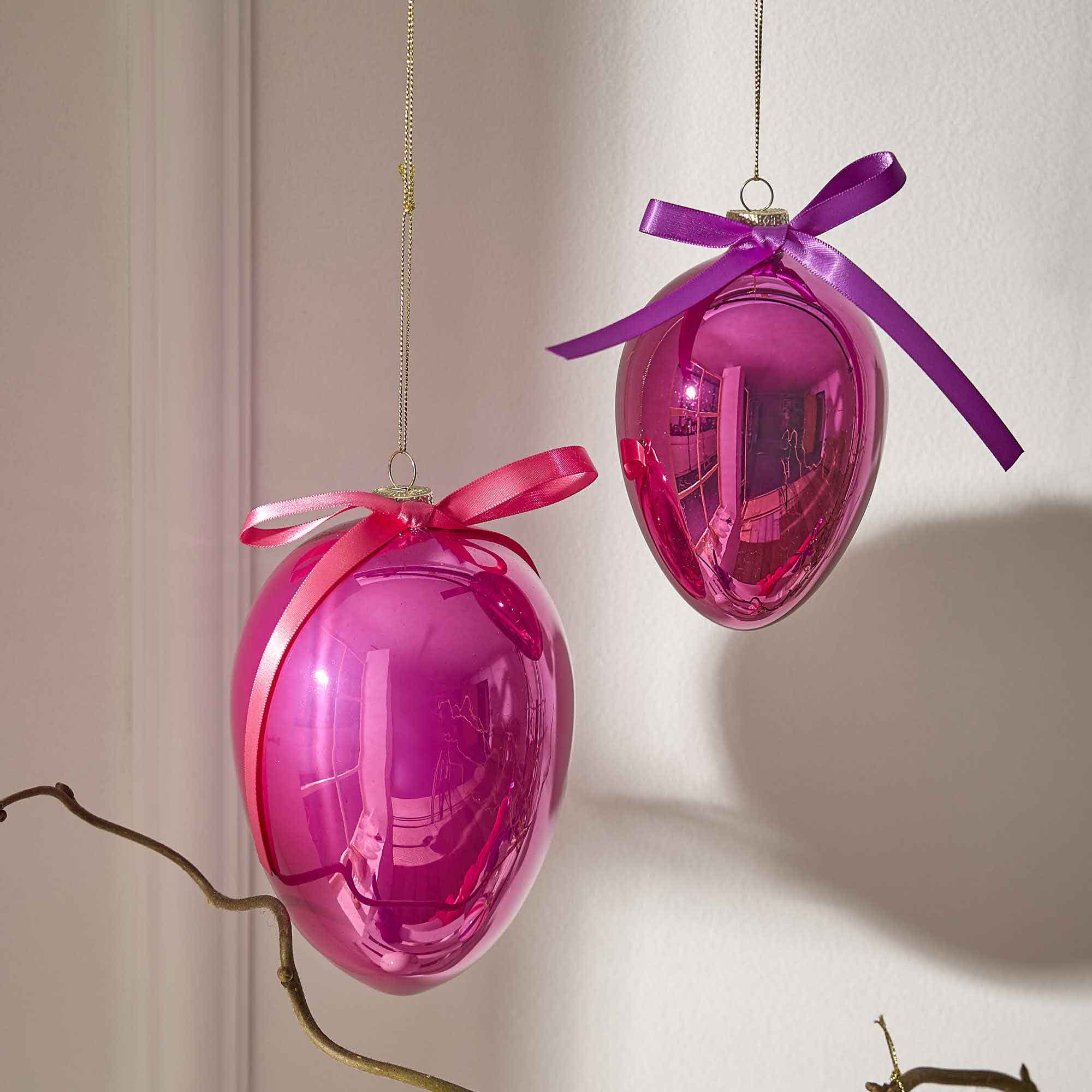 Anhänger Glas-Ei mit Schleife, glänzend/lila, 8 x 12 cm