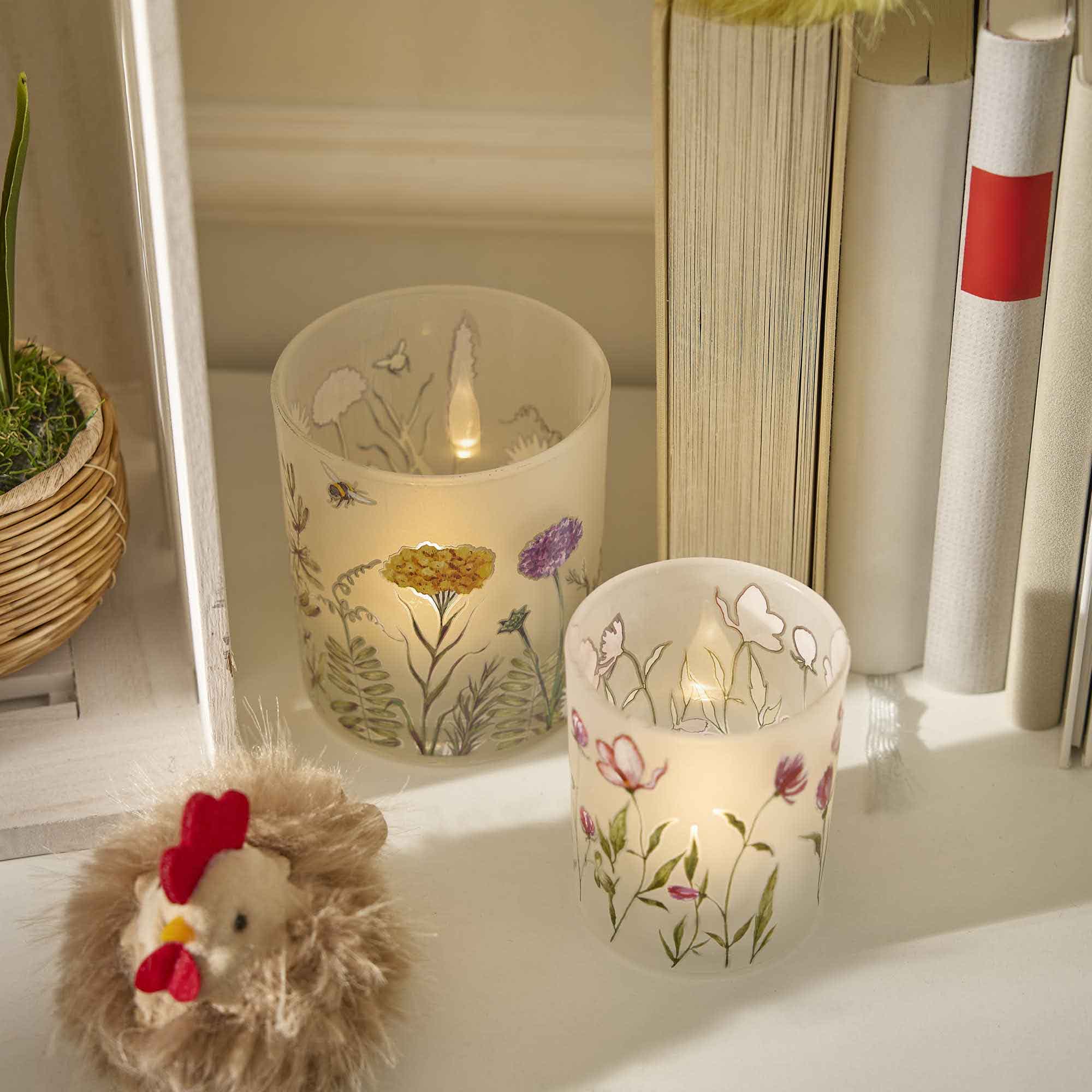 Windlicht Blumen, weiß/pink, 7 x 8 cm