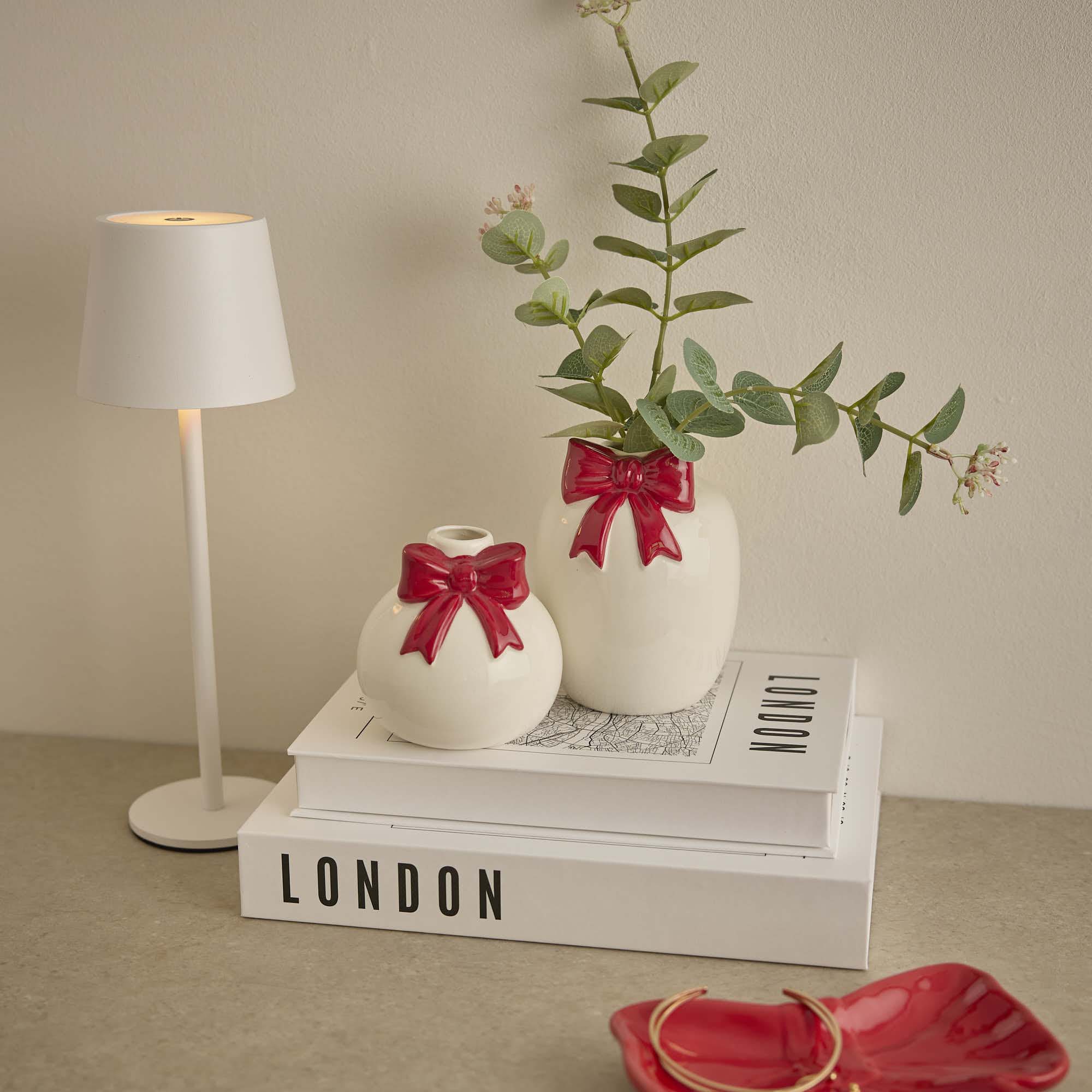 Vase Schleife, weiß/rot, 11.5 cm