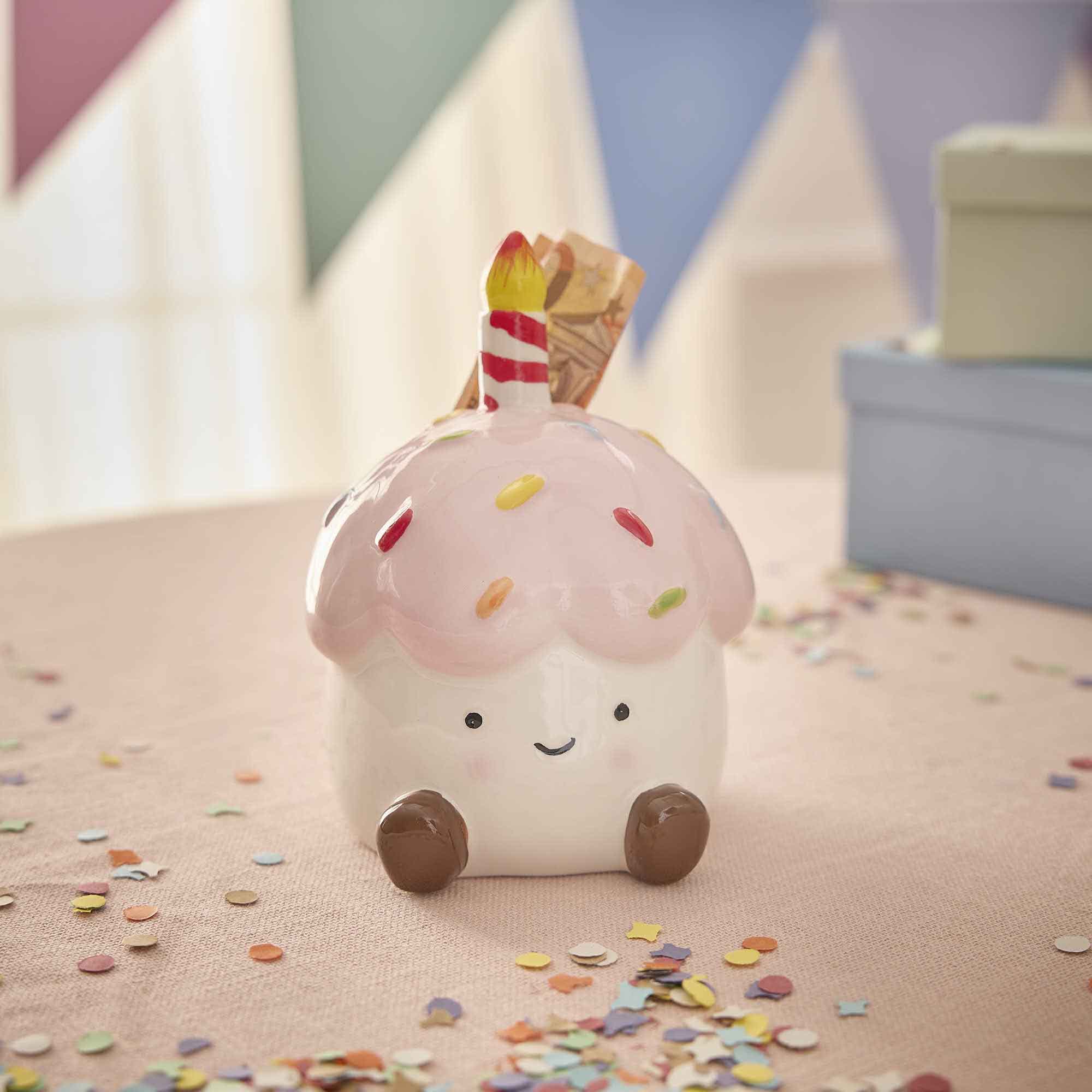 Spardose Geburtstagstorte, rosa/weiß, 15.5 cm