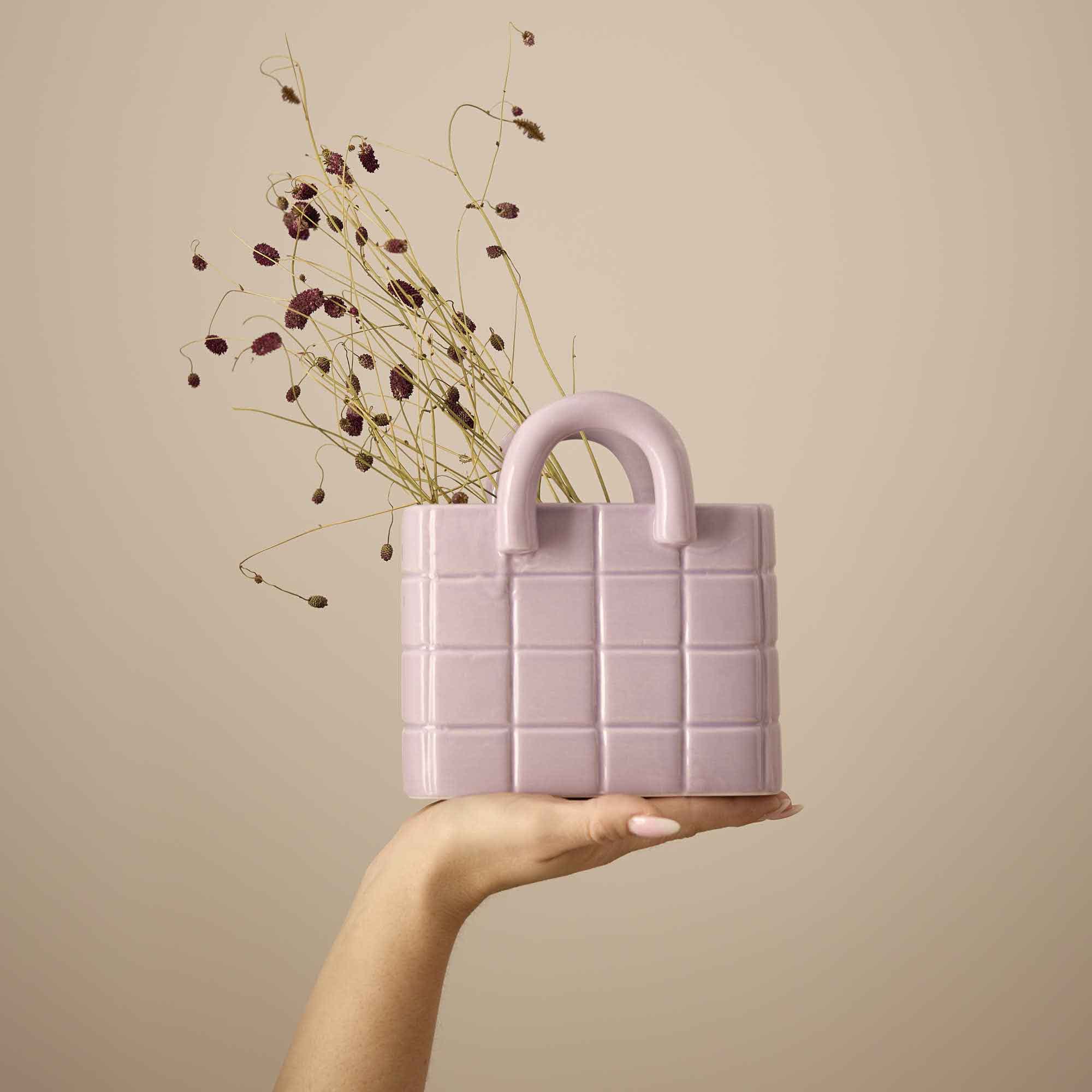Vase Handtasche, Karo/lila, 15.5 x 16.5 cm