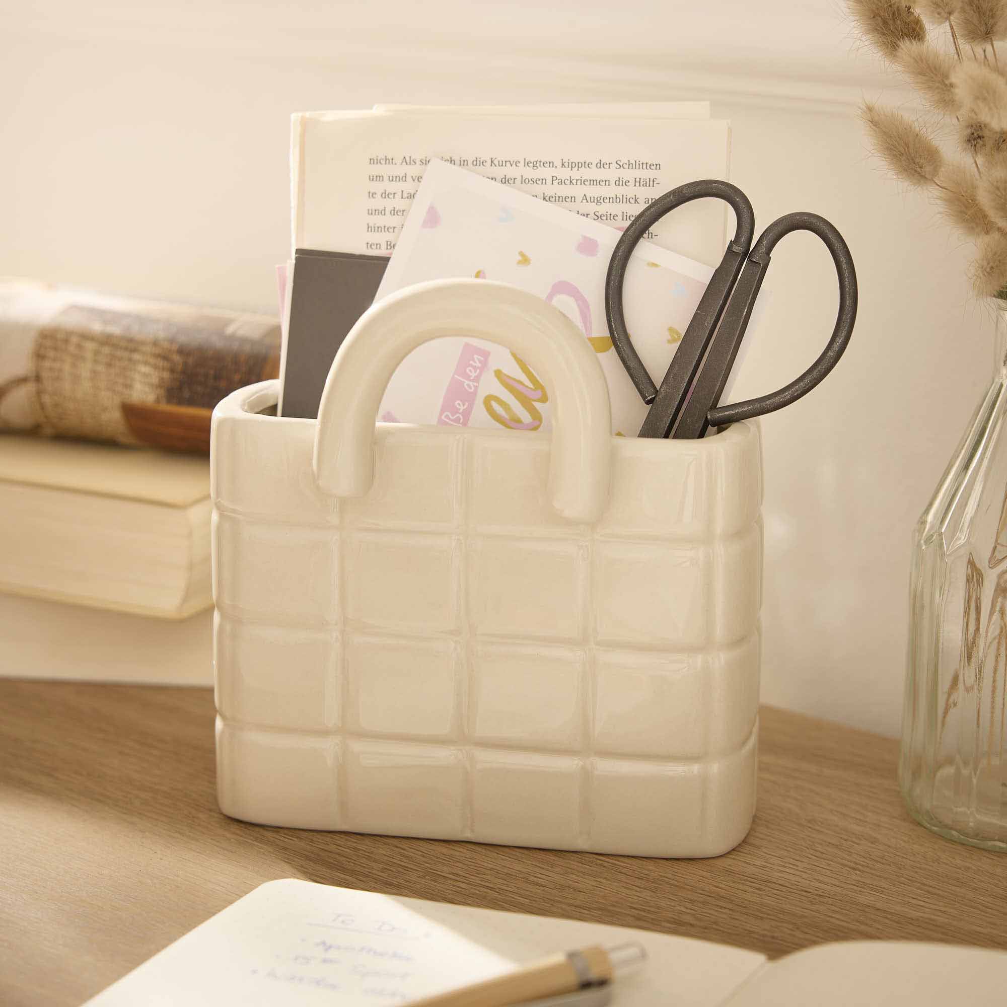 Vase Handtasche, Karo/creme, 15.5 x 16.5 cm