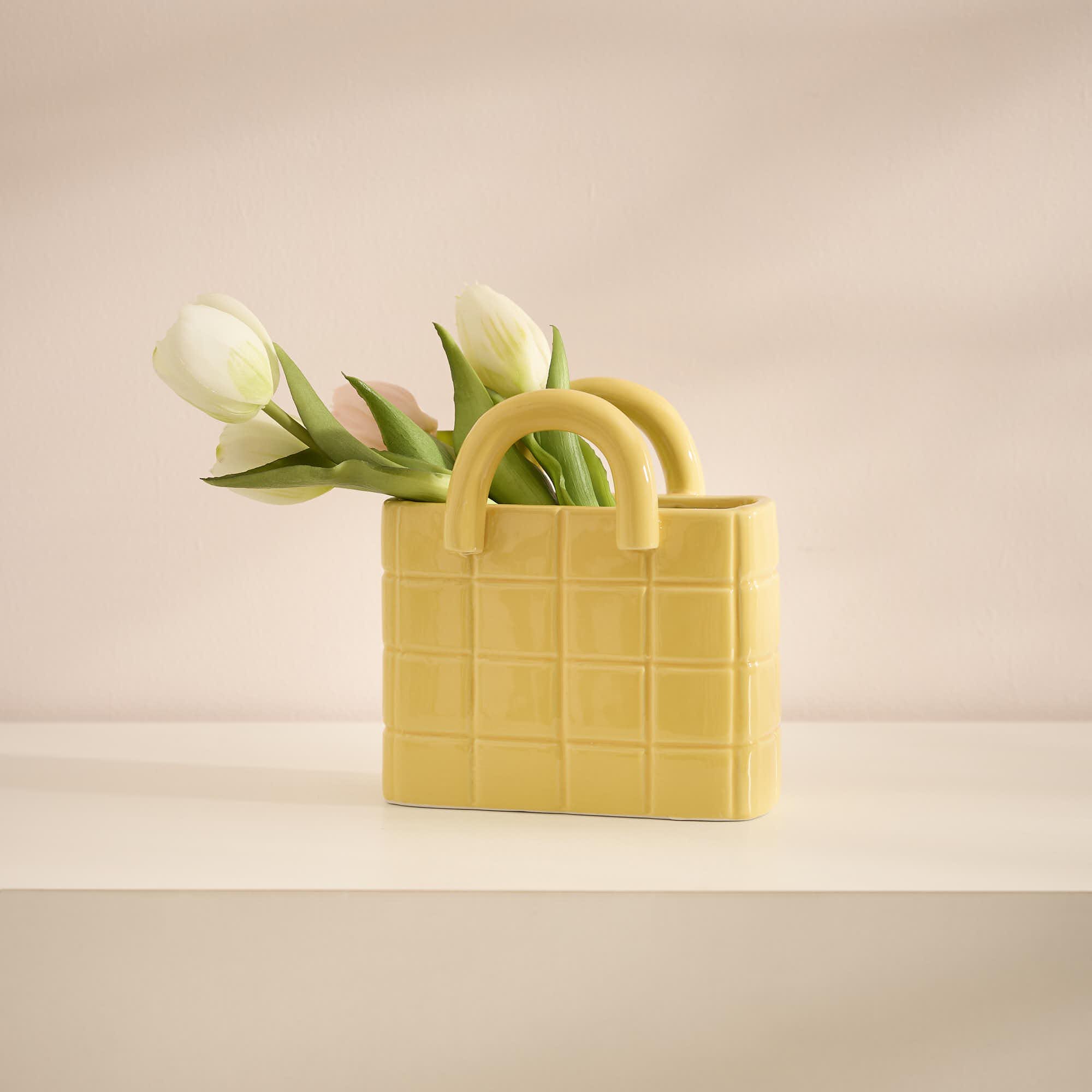 Vase Handtasche, Karo/gelb, 15.5 x 16.5 cm