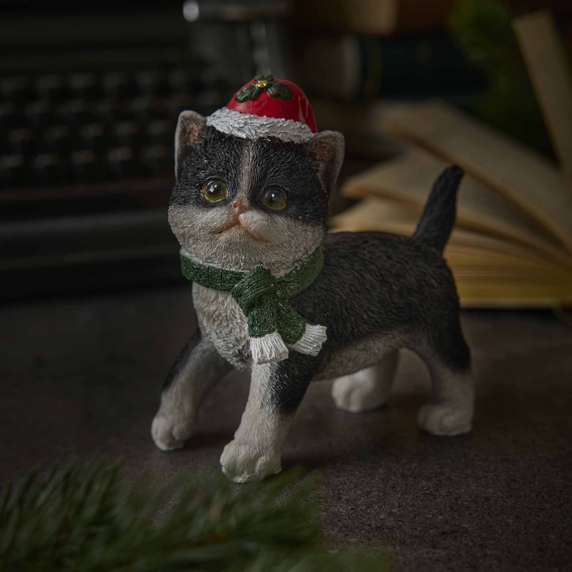 Weihnachtsfigur mit Mütze, Katze/schwarz, 13 x 13 cm