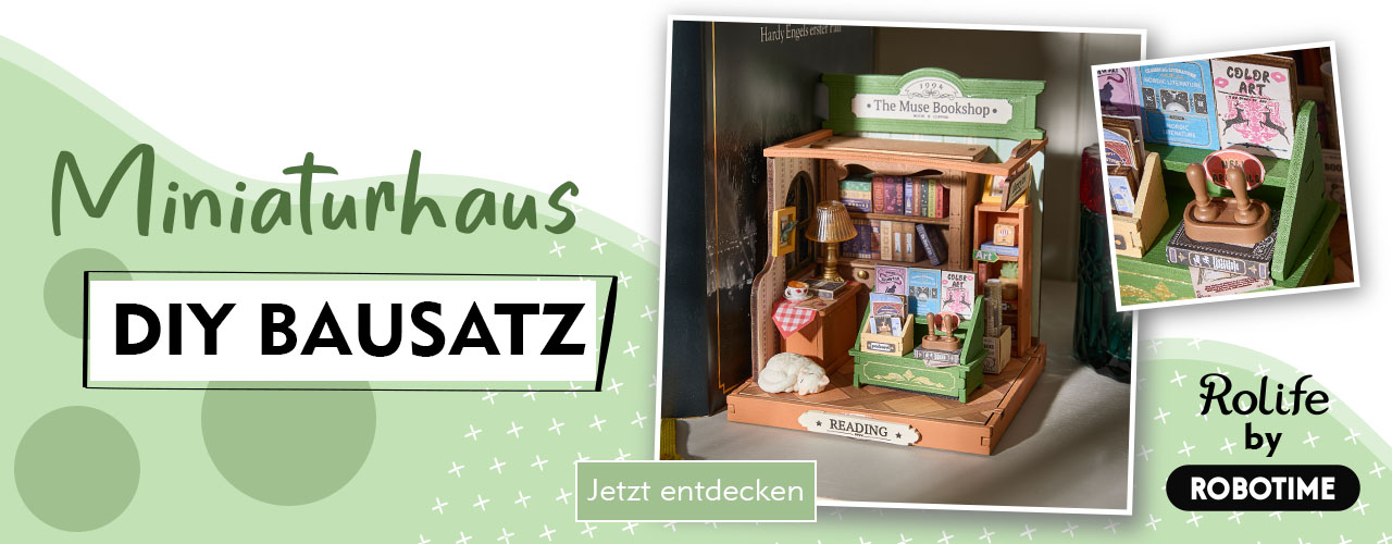Miniatur-Bausatz 'Bookshop' verlinkt auf DIY-Bausätze