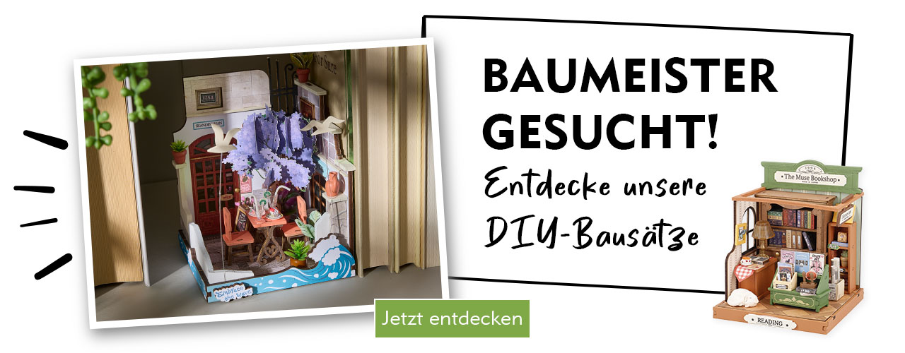 Ein aufgebauter DIY-Bausatz im Bücherregal verlinkt auf DIY-Bausätze