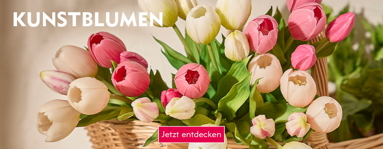 Bunte Kunst-Tulpen im Weidenkorb verlinkt auf die Kategorie Kunstblumen