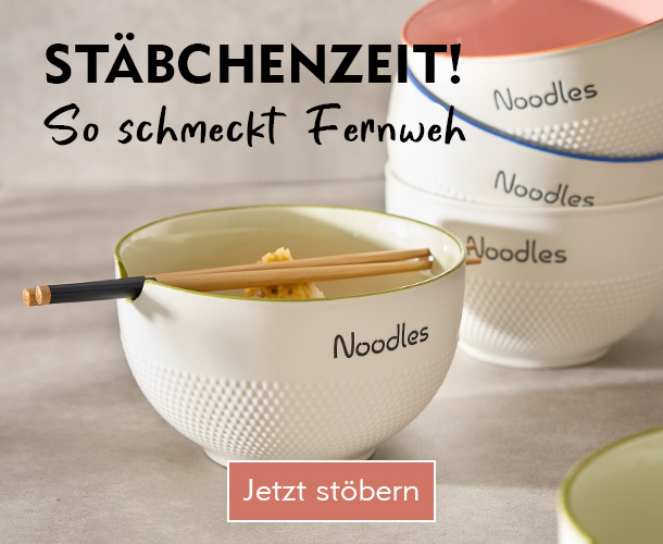 Schalen mit Essstäbchen und Noodles Schriftzug verlinkt auf Essstäbchen