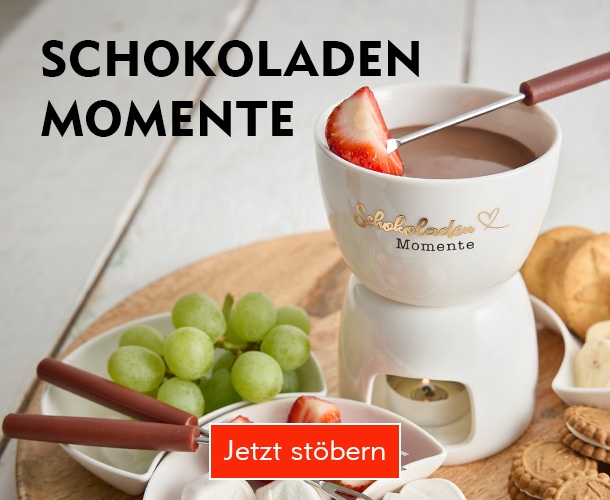 Weißes Porzellan-Schokofondue mit der Aufschrift "Schokoladen Momente" verlinkt auf die Kategorie Kaffee, Schoko & Tee