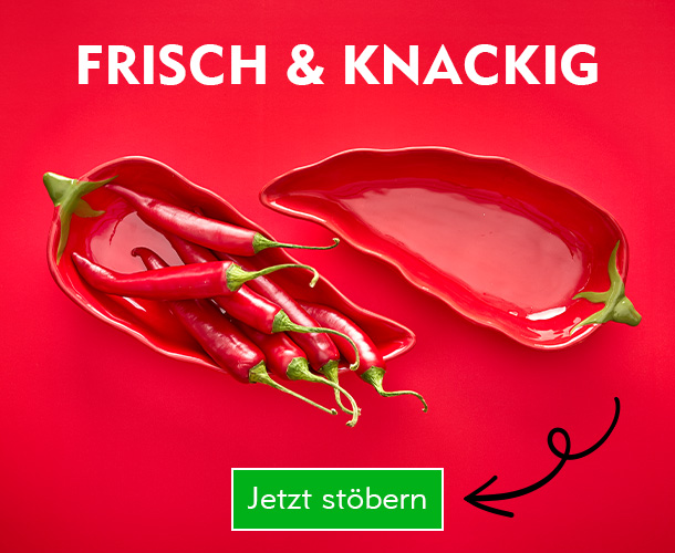 Zwei Keramik-Schalen in Form roter Chilis verlinkt auf Gemüsedeko
