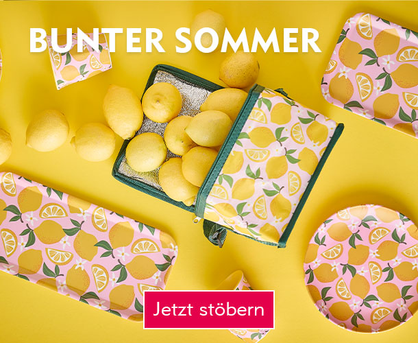 Melamin-Geschirr und K&uuml;hltasche mit Zitronen-Design verlinkt auf die Kategorie Gartenparty