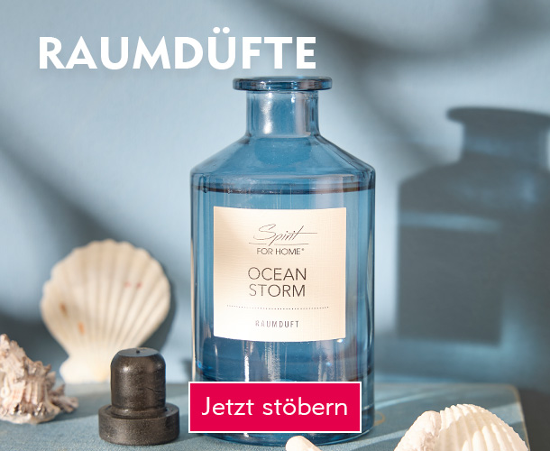 Der Raumduft Ocean-Storm andekoriert neben Muscheln verlinkt auf die Kategorie Raumd&uuml;fte