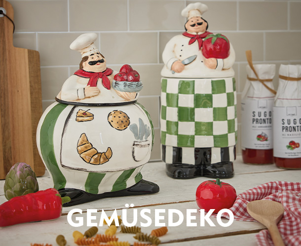 Zwei Vorratsdosen in Form von Küchenchefs verlinkt auf Gemüsedeko