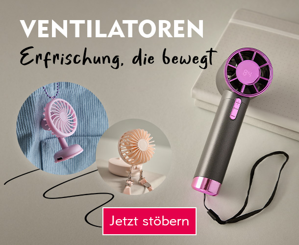 Ein schwarz-pinker Hand-Ventilator verlinkt auf die Kategorie Ventilatoren