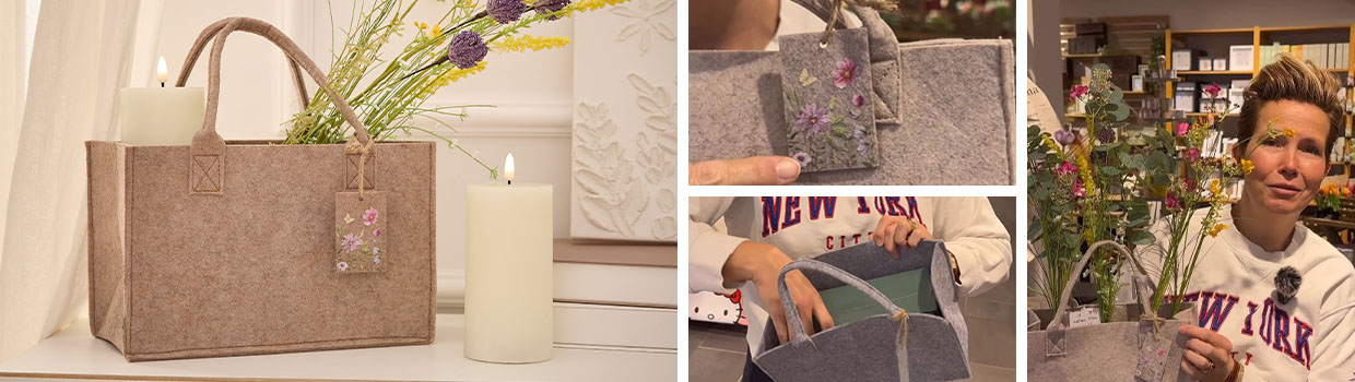 Filztasche mit Blumen und LED-Kerzen wird pr&auml;sentiert