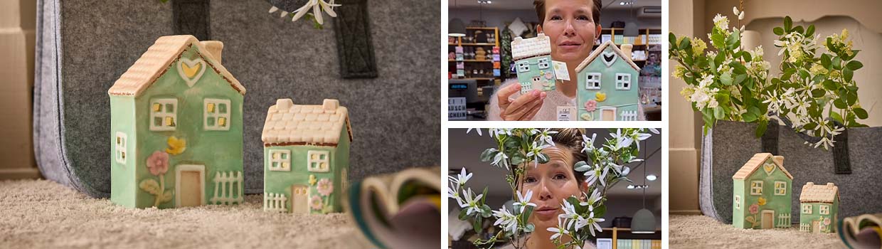 Frühlingsdeko bei Nanu-Nana Frühlingshäuser mit Beleuchtung wird präsentiert