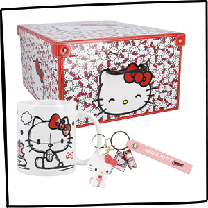 Hello Kitty Becher, Schlüsselanhänger und Aufbewahrungsbox verlinkt auf die Kategorie Hello Kitty