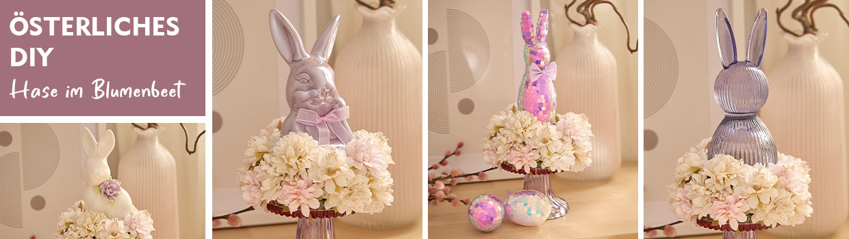 &Ouml;sterliches DIY mit Deko-Hase auf Kerzenhalter und Blumen-Arrangement wird pr&auml;sentiert